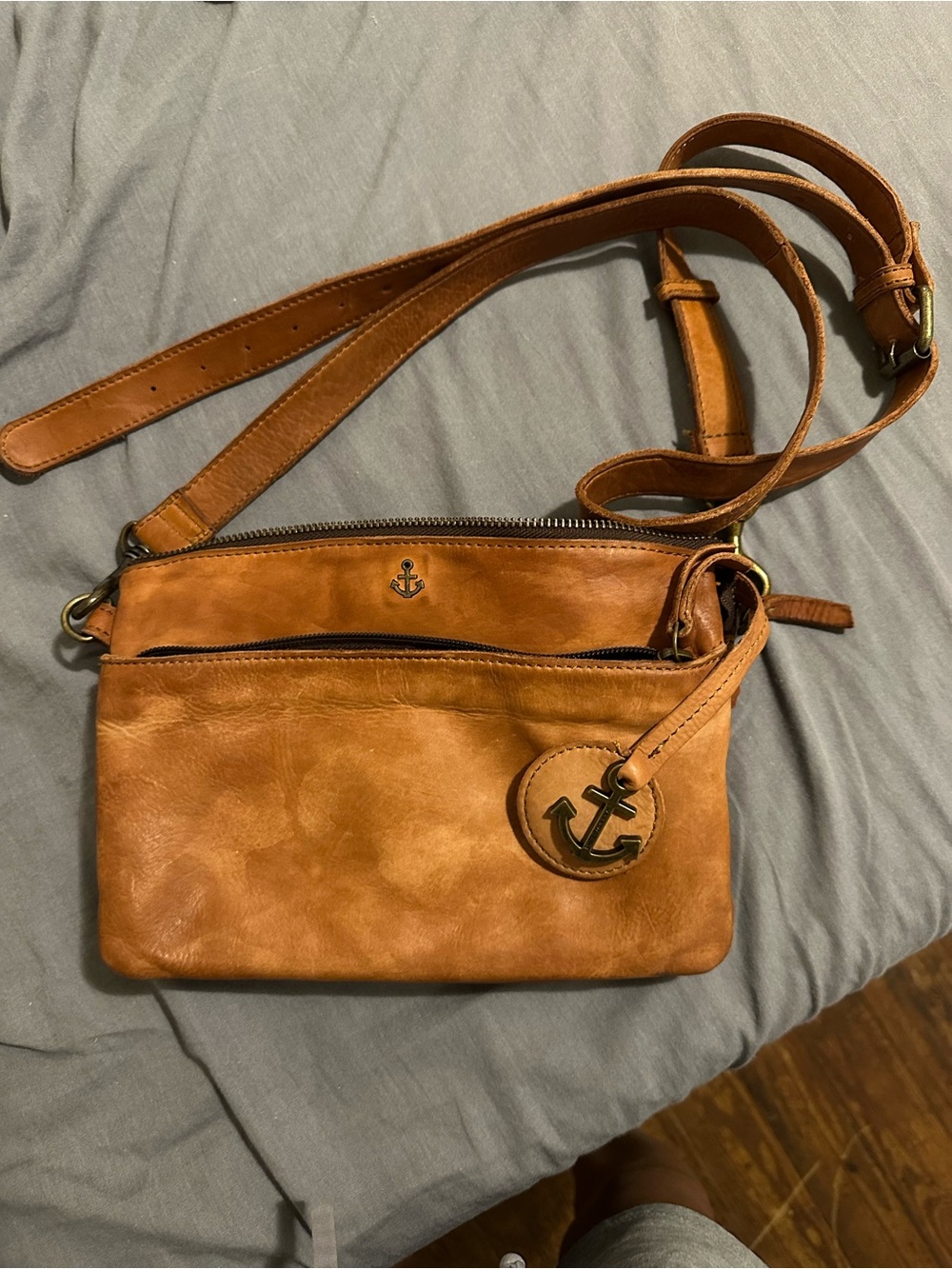 Classic Tan Leather Crossbody with Anchor Charm